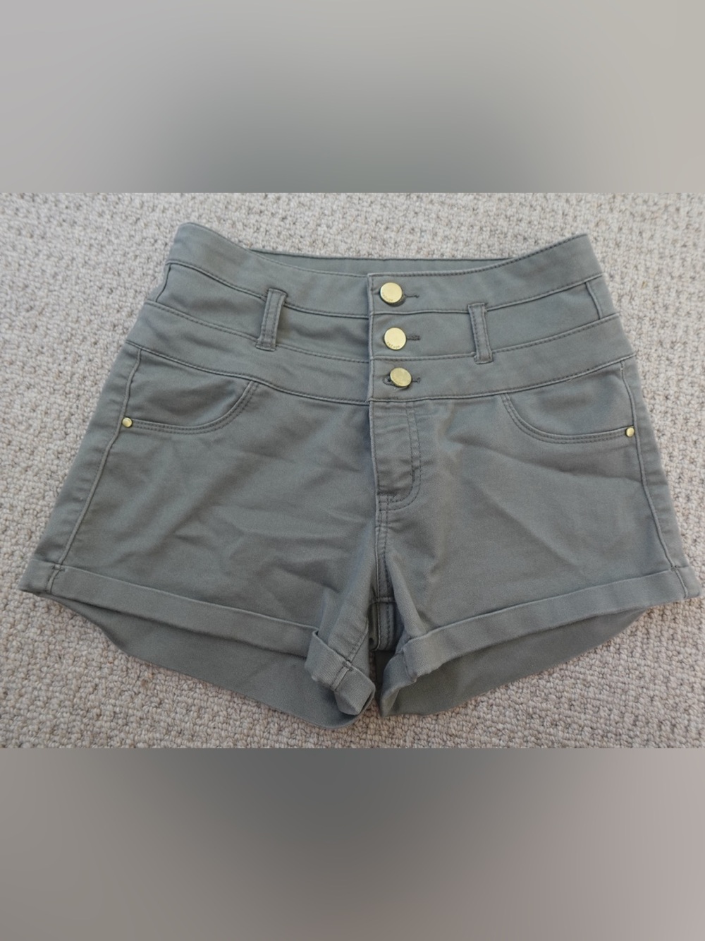 Refuge High-Waist Olive Green Women's Shorts with Triple gold Button